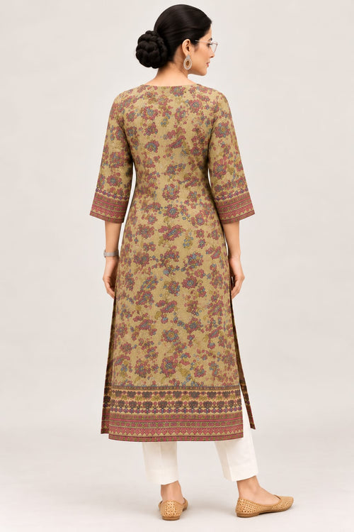 0652-ARI printed olive beige kurta with white trousers, back view