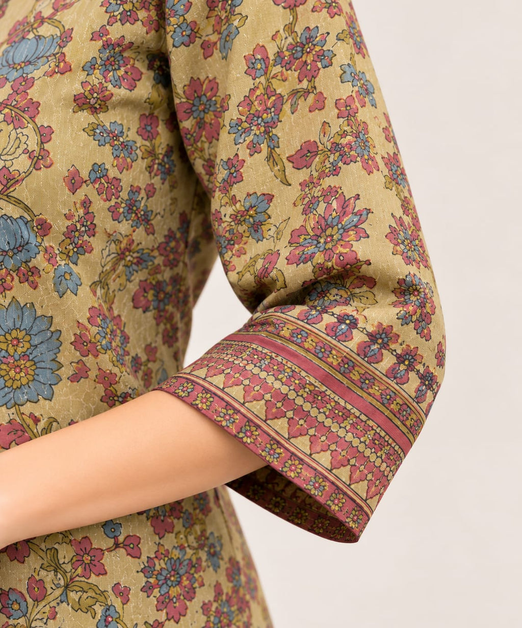 0652-ARI printed olive beige kurta, sleeve border detail