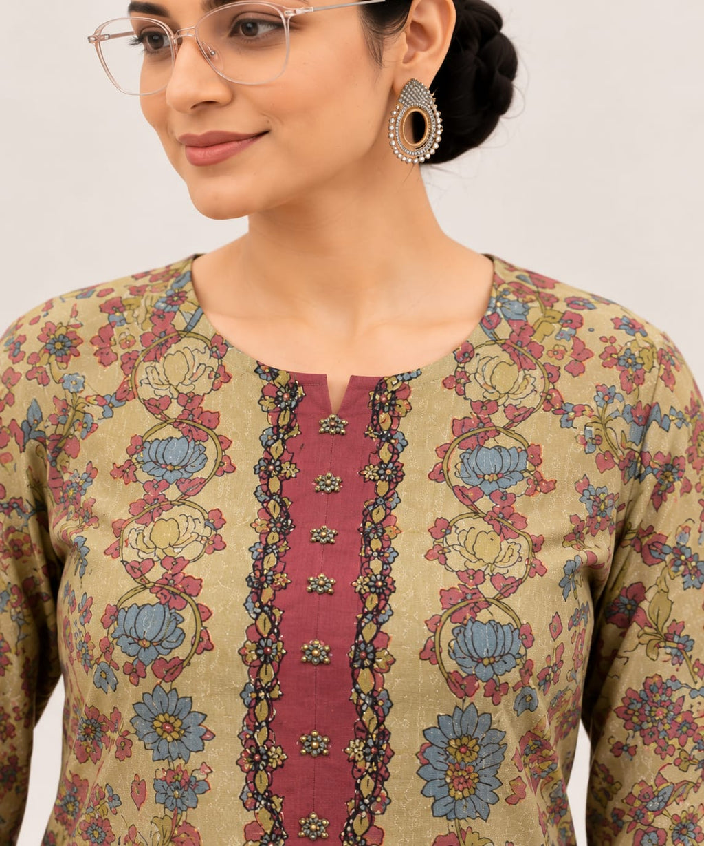 0652-ARI printed olive beige kurta, neckline and front placket close-up