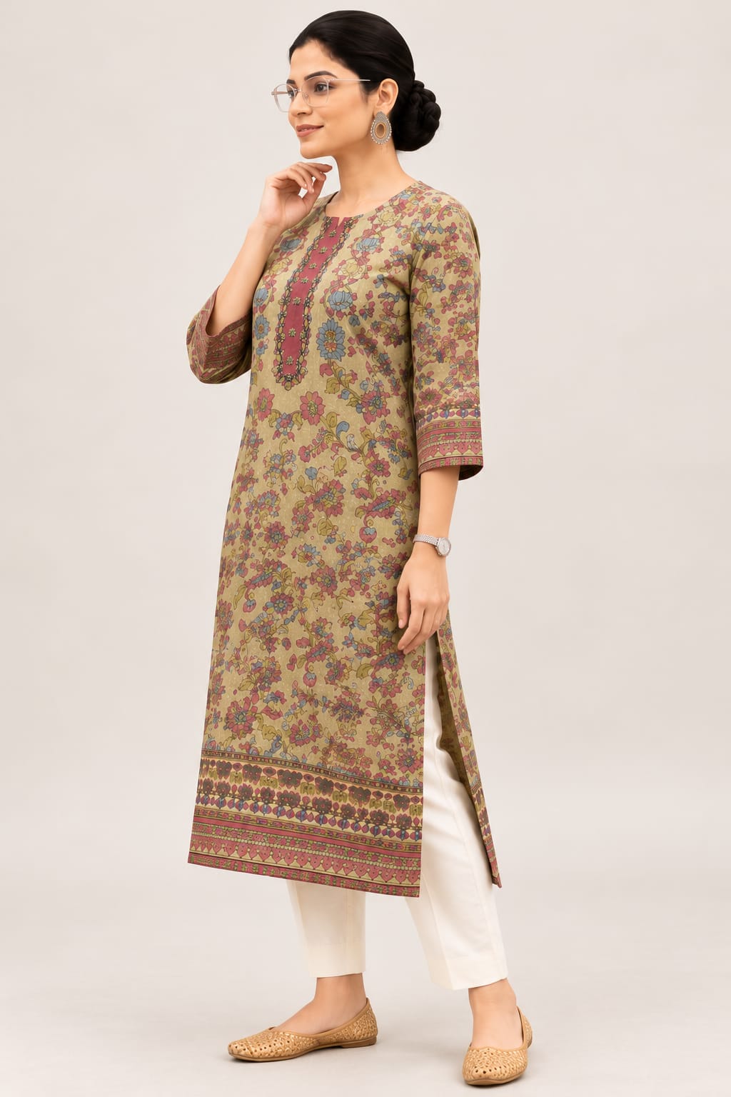 0652-ARI printed olive beige kurta set, three-quarter view