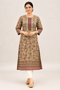 0652-ARI printed olive beige kurta with white trousers, front view