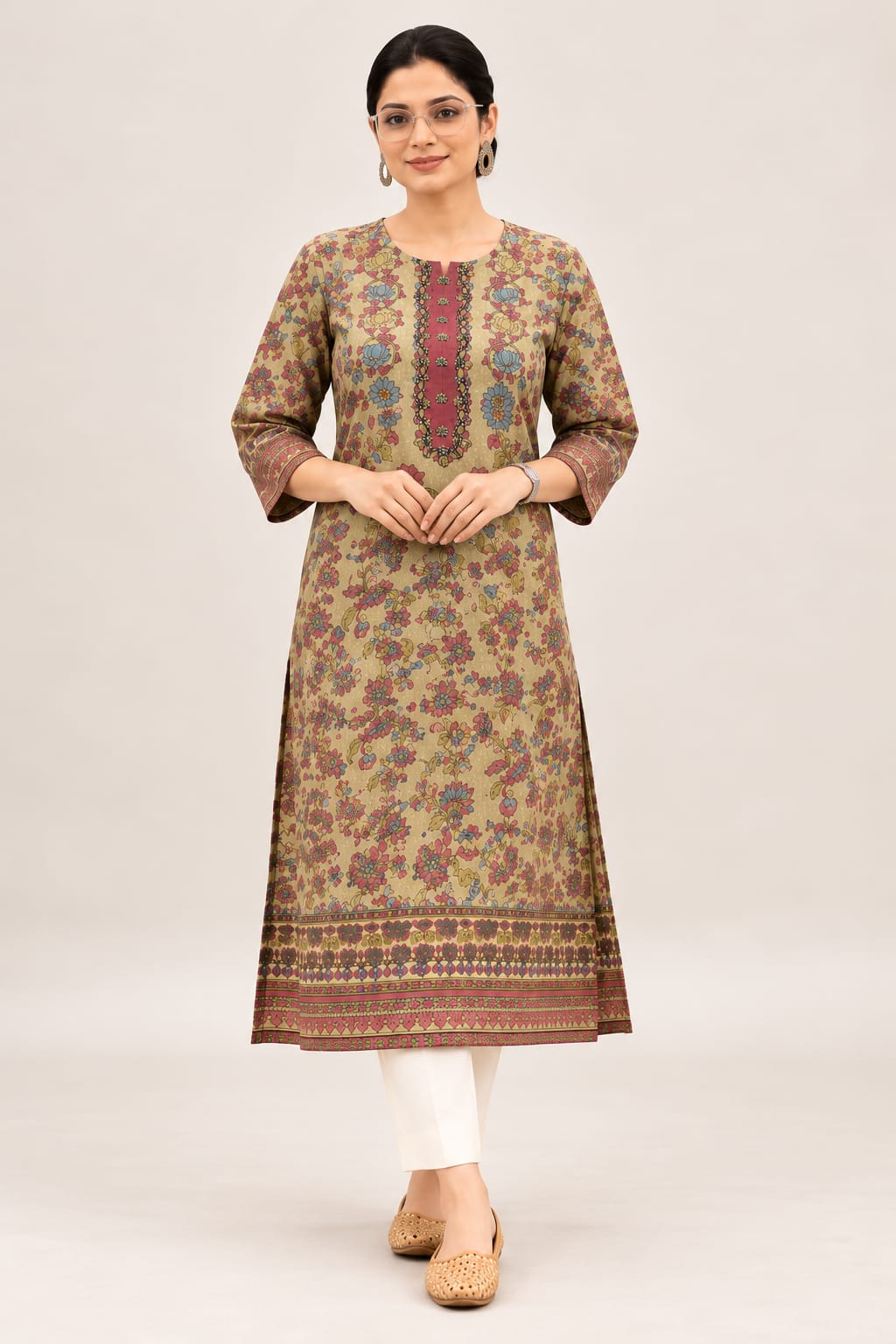 0652-ARI printed olive beige kurta with white trousers, front view