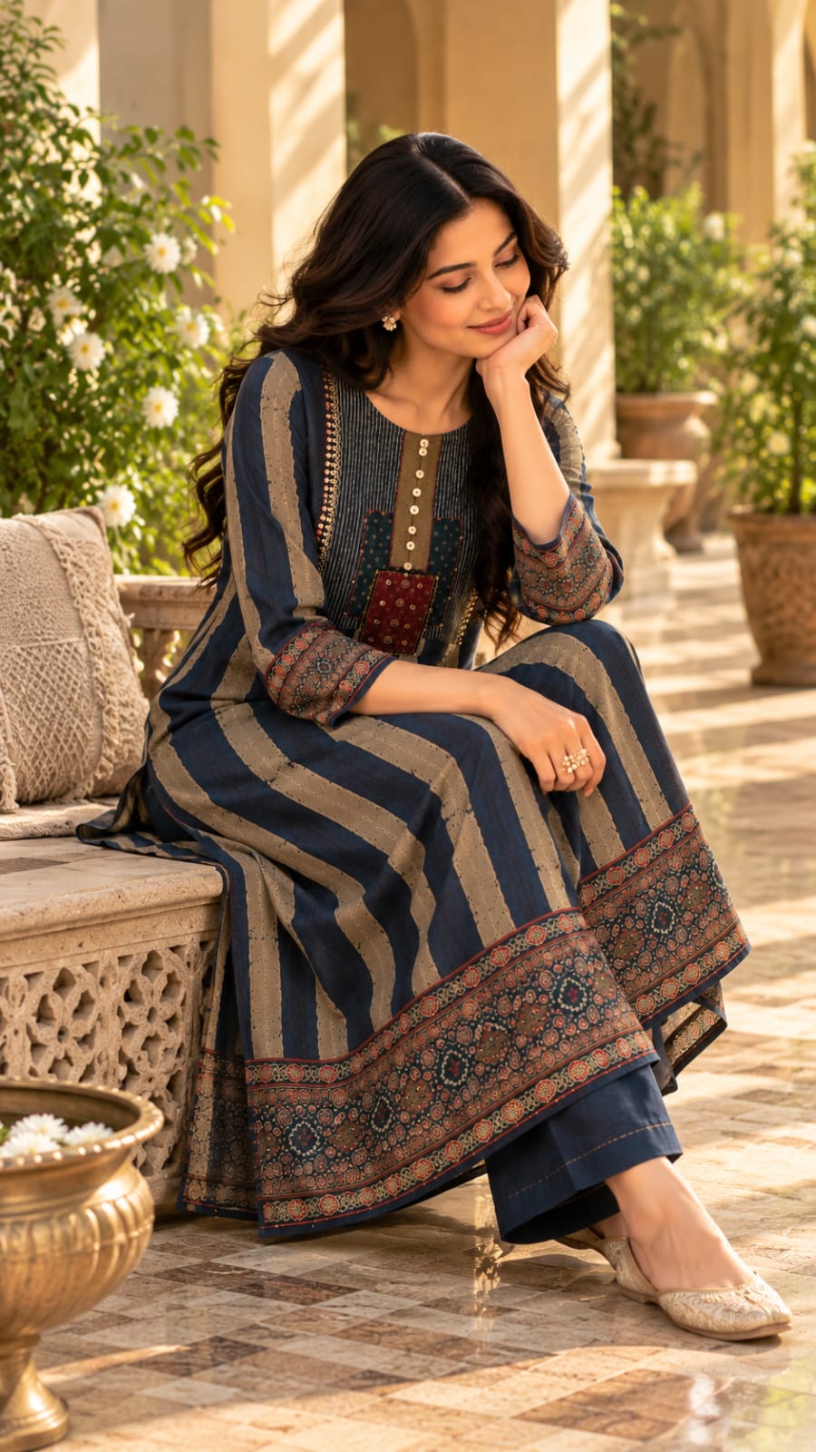 0843-ARI navy and beige striped kurta set, seated lifestyle view