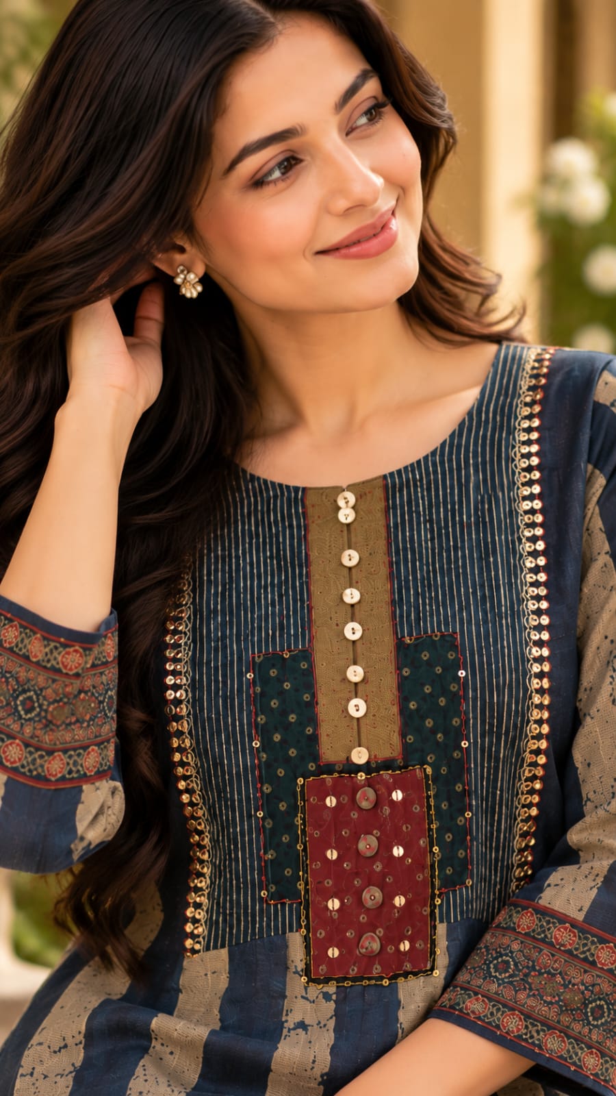0843-ARI navy and beige striped kurta, neckline and embroidery close-up