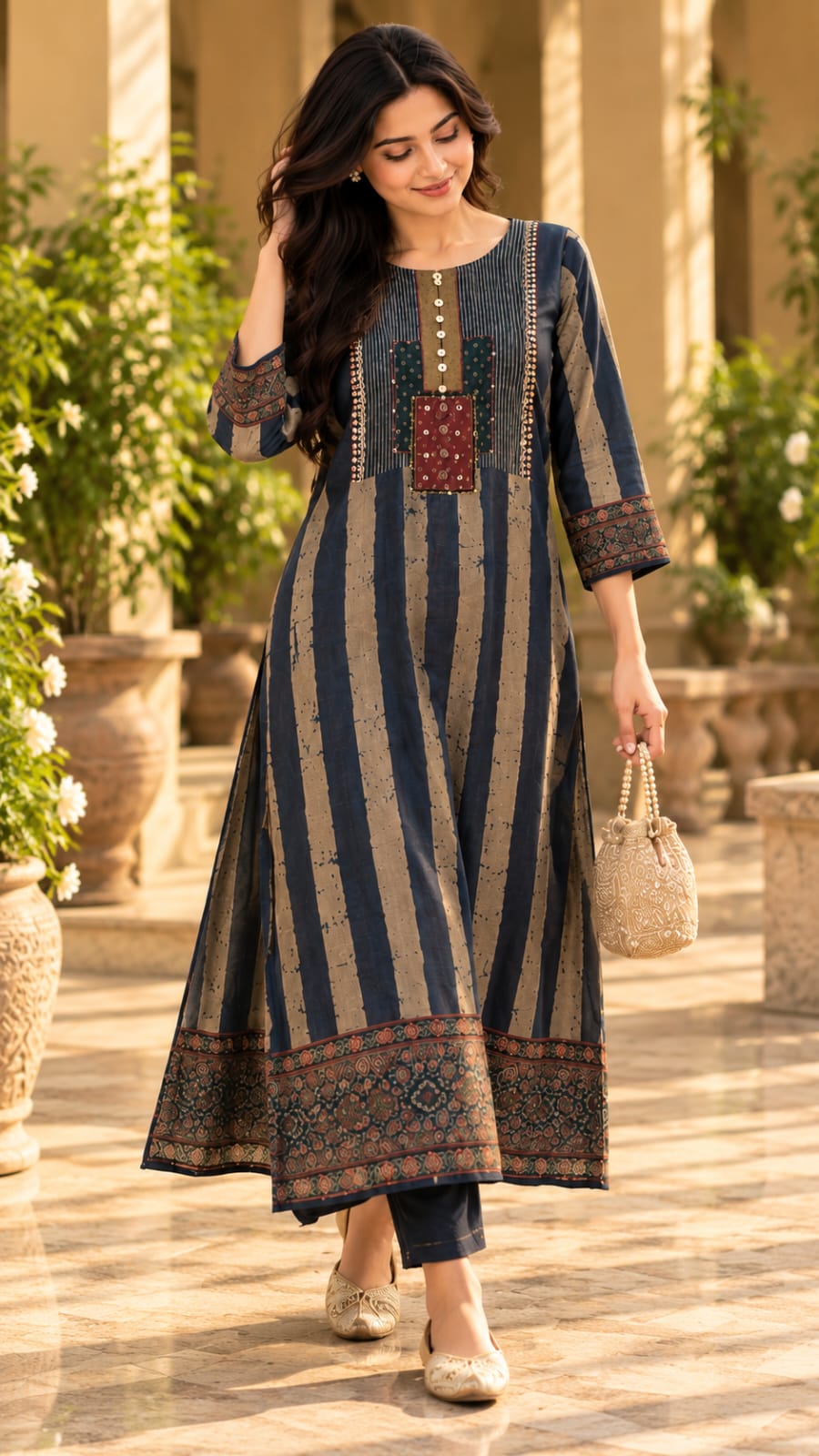0843-ARI navy and beige striped kurta set, full front view