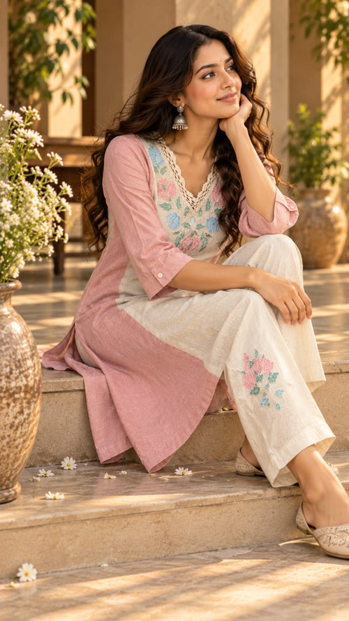 SFS284-STYA pink and ivory embroidered outfit, seated front view