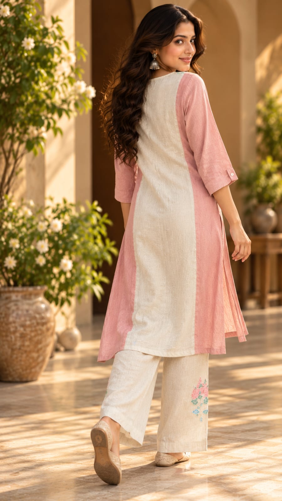 SFS284-STYA pink and ivory outfit, back view