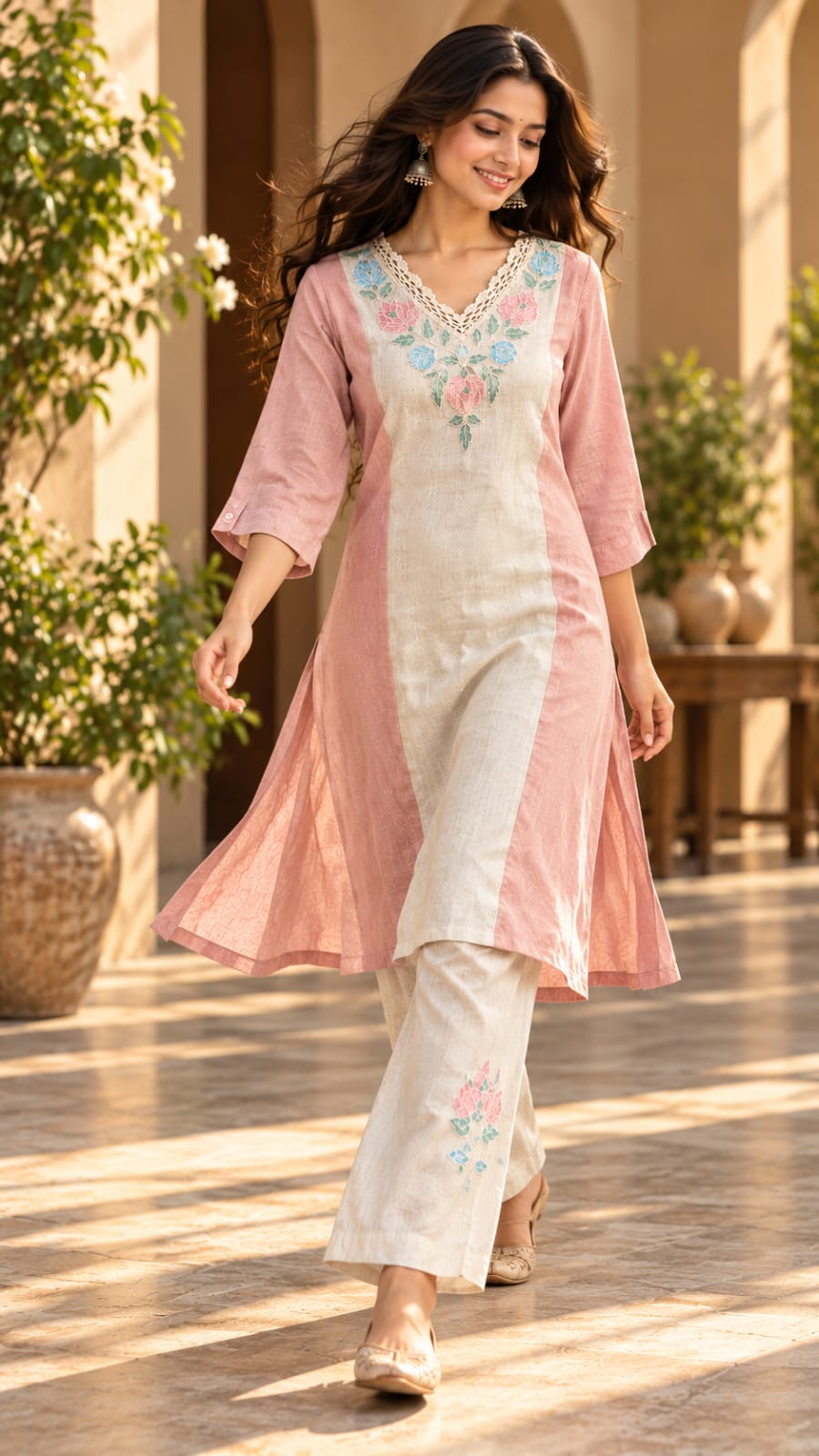 SFS284-STYA pink and ivory embroidered outfit, walking front view