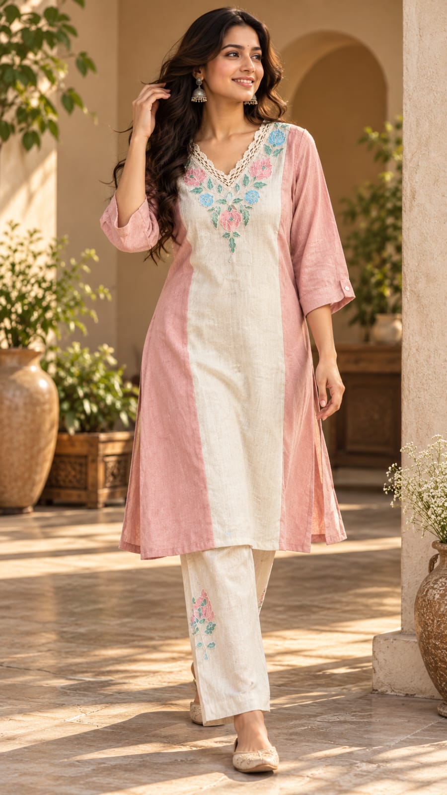 SFS284-STYA pink and ivory embroidered outfit, full-length view