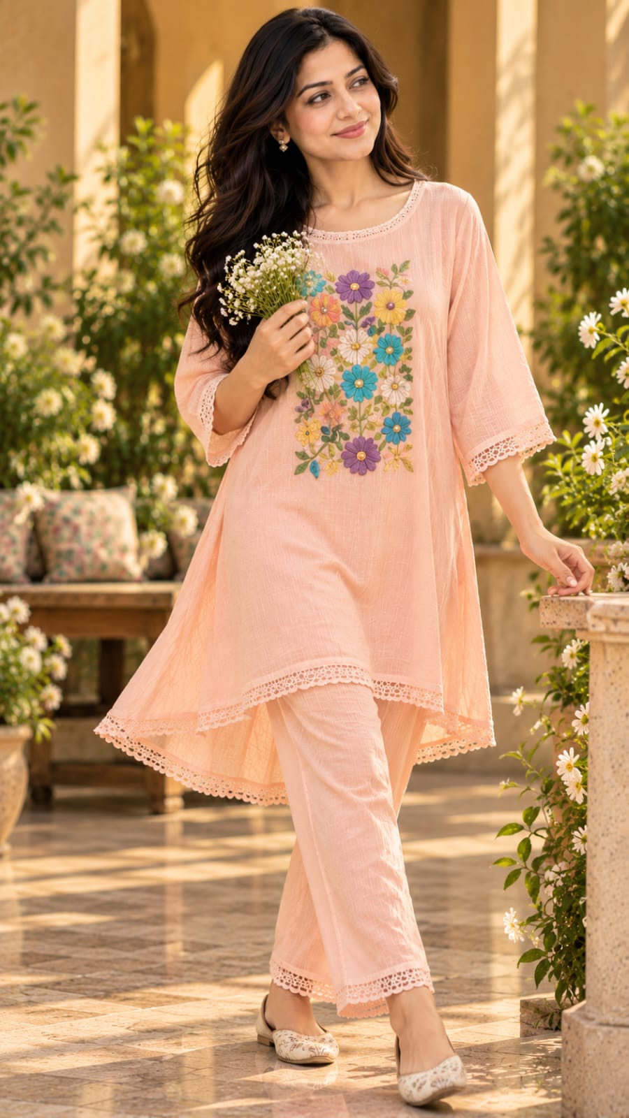 SFS297-STYA peach embroidered kurta set, front full-length view