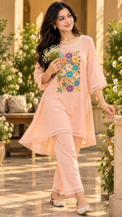 SFS297-STYA peach embroidered kurta set, front full-length view