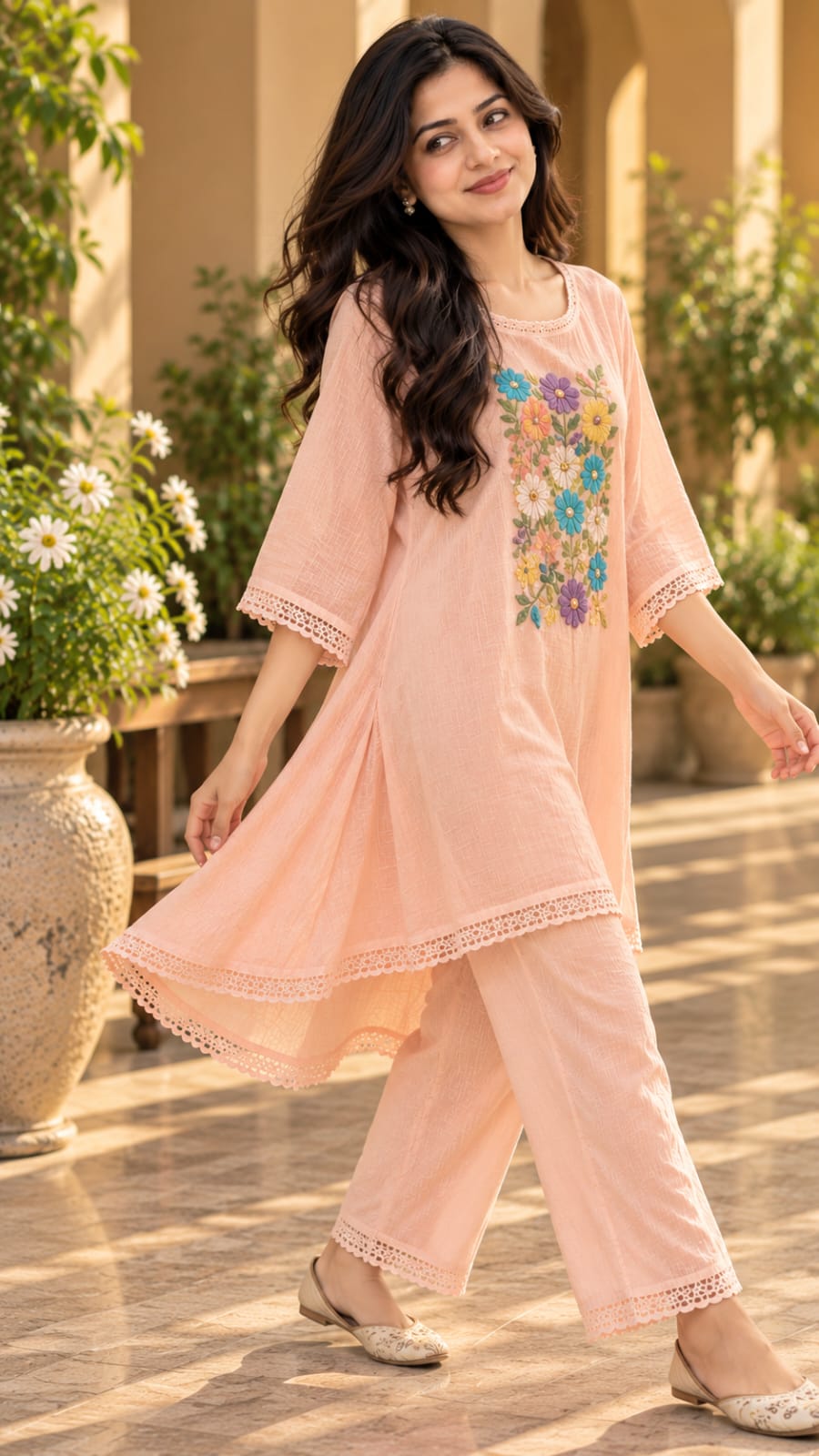 SFS297-STYA peach embroidered kurta set, three-quarter view
