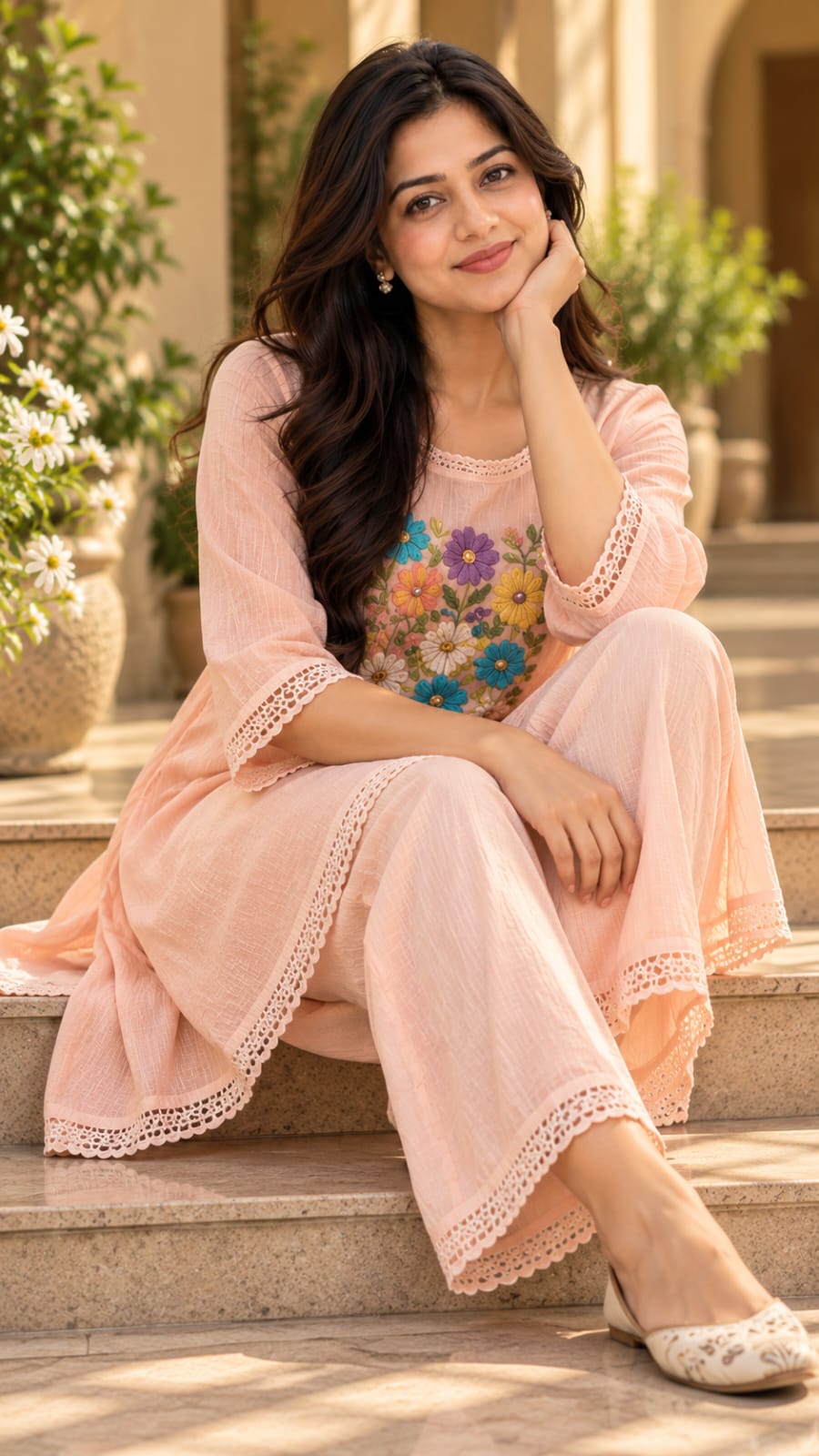 SFS297-STYA peach embroidered kurta set, seated fashion view