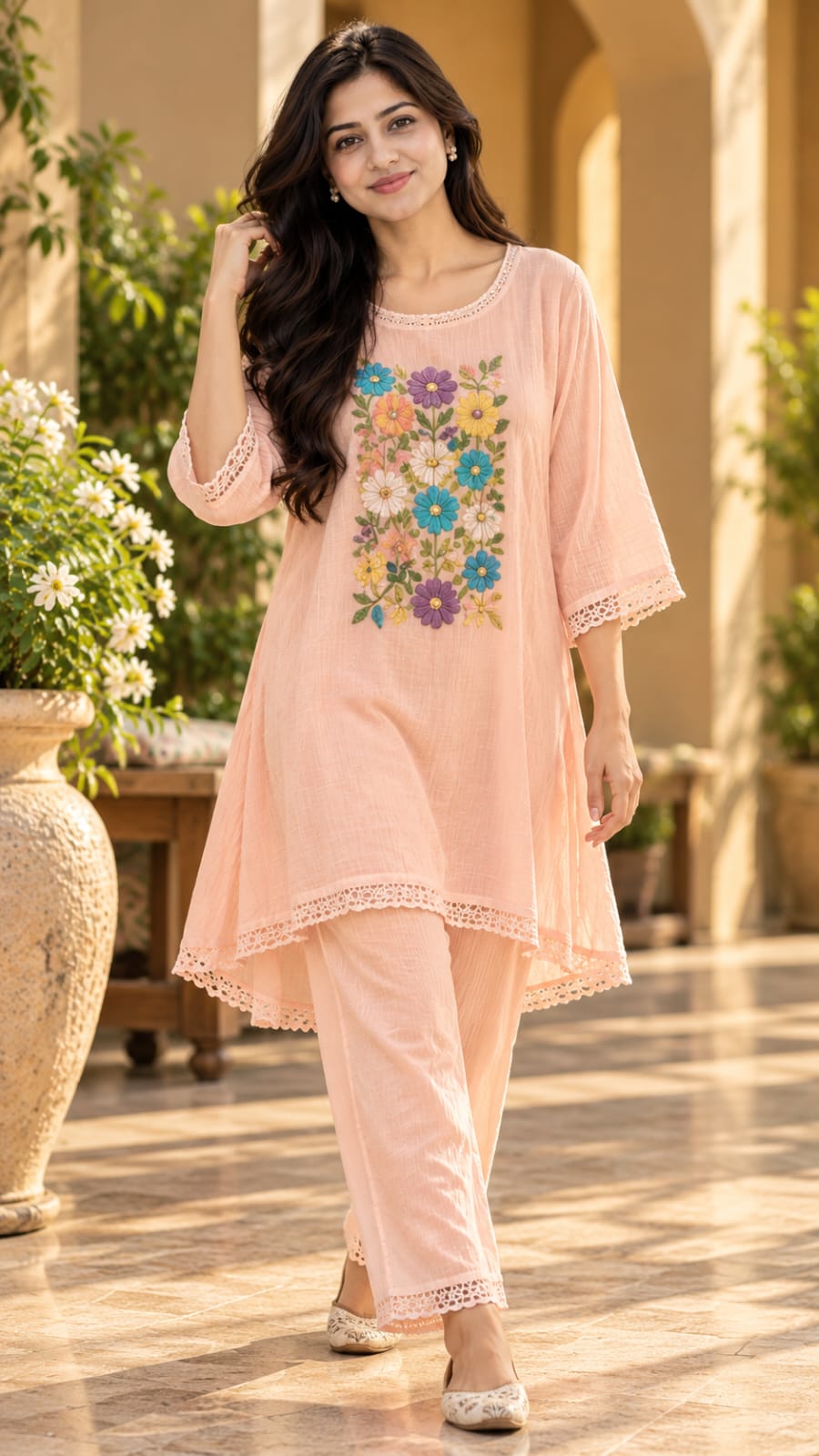 SFS297-STYA peach kurta set, full-length front view